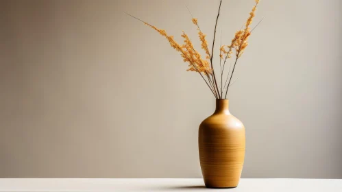 Brown Vase with Dried Stalks on Beige Background