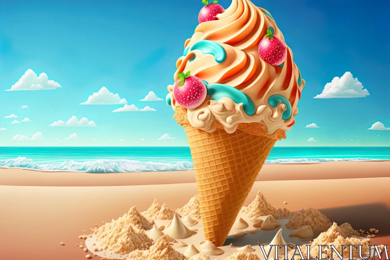 Cartoon Free Wallpaper: Ice Cream Cone on the Beach in the Clouds AI Image