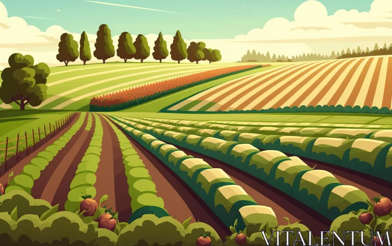 Colorful Field and Farm in Flat Style - Vintage Poster Design AI Image