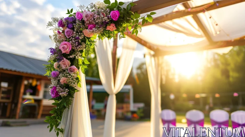 Enchanting Wedding Arch with Flowers in Outdoor Setting AI Image