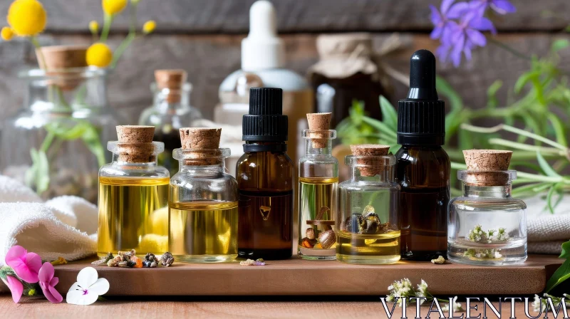 Essential Oil Bottles and Dried Flowers Still Life Composition AI Image