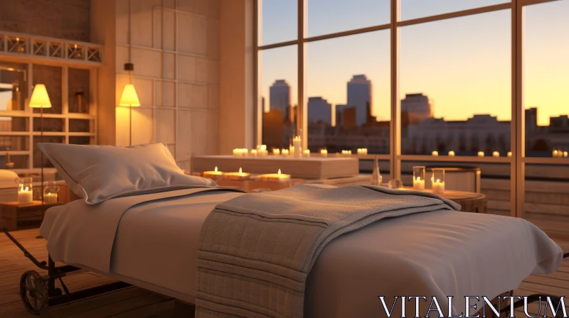 Modern Spa Treatment Room with City Skyline View AI Image