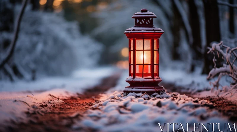 Red Lantern in Snowy Landscape at Sunset AI Image