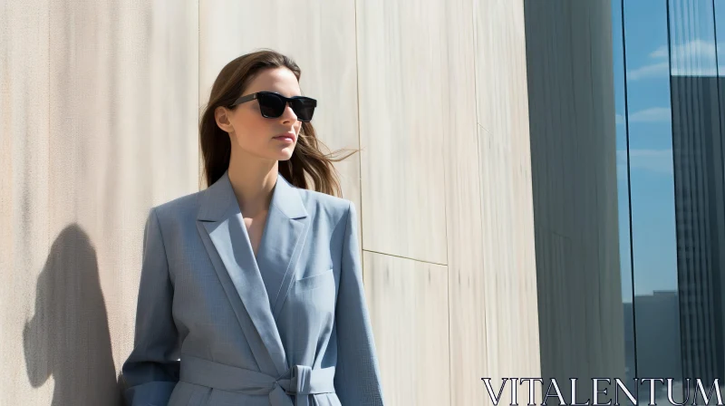 Serious Young Woman in Blue Suit and Sunglasses AI Image