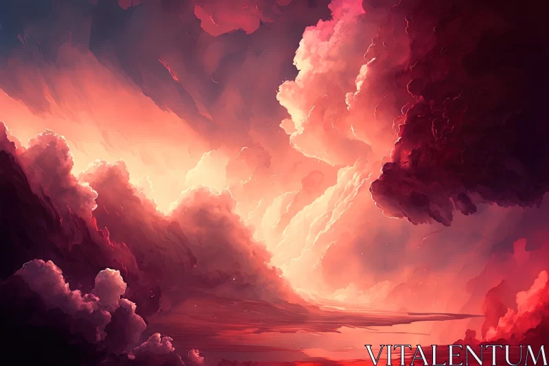 Abstract Painting: Epic Fantasy Scene with Pink Sky and Clouds AI Image
