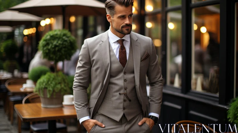 Confident Man in Gray Suit at Cafe AI Image