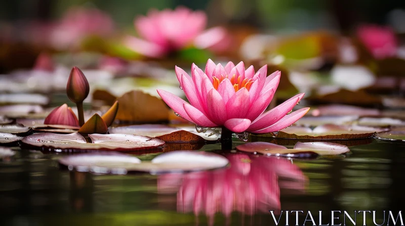 Pink Water Lily in Full Bloom on Still Pond AI Image