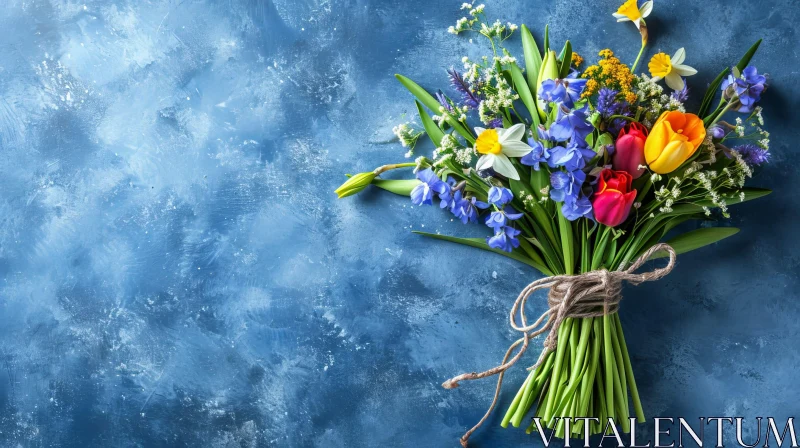 Spring Flowers Bouquet on Blue Background AI Image