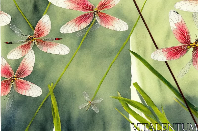 Whimsical Watercolor Painting of Red Dragonflies and Bamboo AI Image