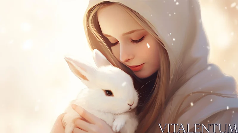 AI ART Young Woman with Rabbit in Winter Painting