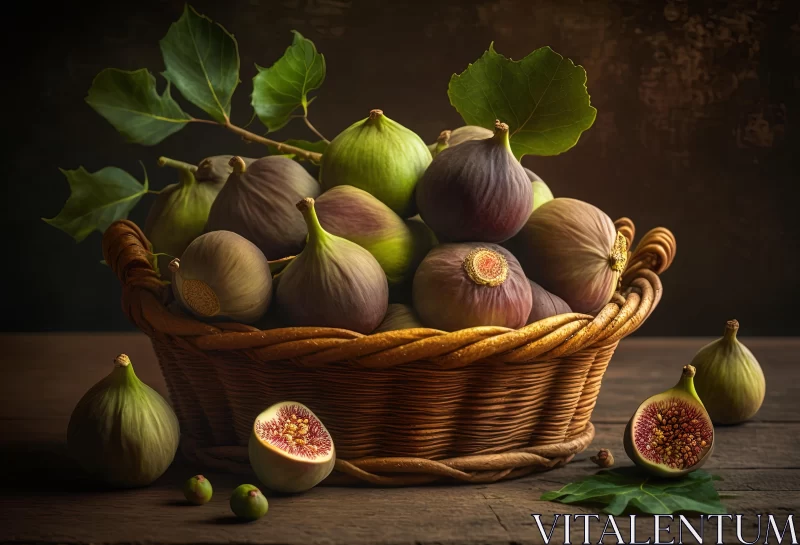 Captivating Still Life: Ripe Figs in a Wicker Basket on Dark Background AI Image