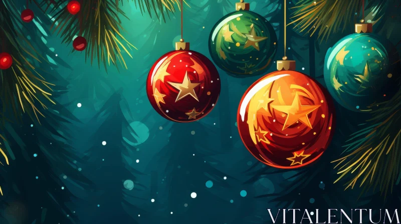 Christmas Ornaments on Pine Tree - Festive Digital Painting AI Image
