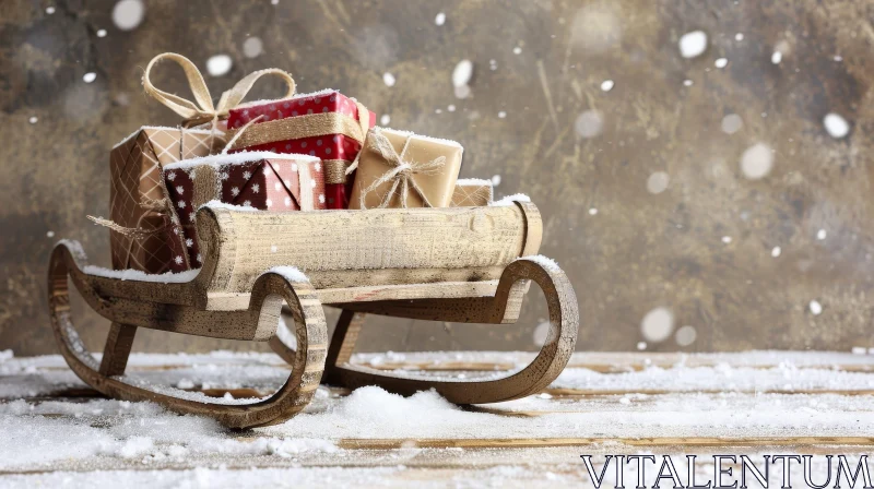 Christmas Wooden Sled with Presents and Snow AI Image