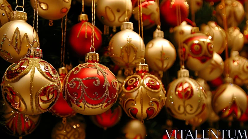 Festive Christmas Ornaments Hanging from Tree AI Image