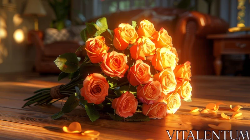 Orange Roses Bouquet on Wooden Table AI Image
