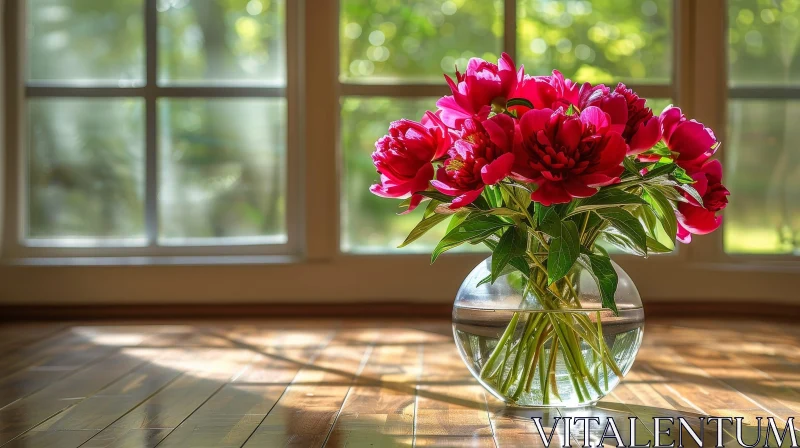 Pink Peonies Still Life on Wooden Table AI Image