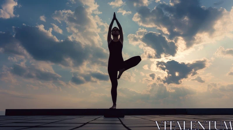 AI ART Sunset Yoga: Serene Woman Practicing Yoga at Dusk