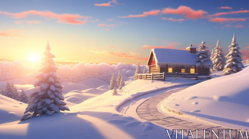 AI ART Winter Landscape with Snow-Covered Mountains and Sunset Glow