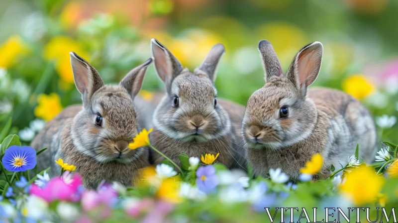 Adorable Rabbits in Colorful Field AI Image