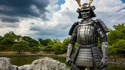 Majestic Samurai Statue in Japanese Garden AI Image