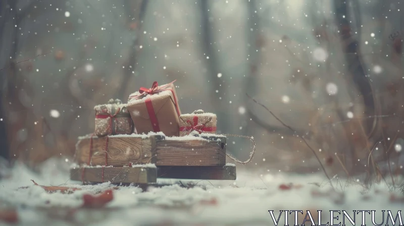AI ART Winter Wonderland: Wooden Sled with Gifts in Snowy Forest