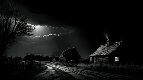 Black and White Digital Painting of Rural Scene at Night
