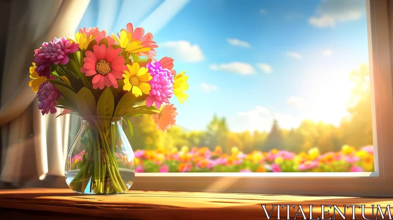 Colorful Flowers in Glass Vase on Wooden Table AI Image
