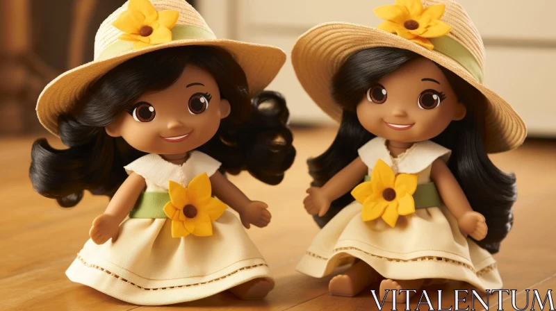Identical Dolls in Yellow Dresses with Straw Hats AI Image