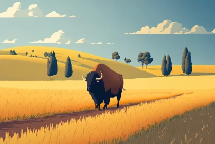 Vibrant Bison Illustration in a Field | Retro Style