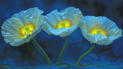 White Poppy Flowers on Dark Blue Background