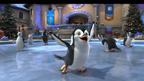 Cartoon Penguins Skating on Ice - Winter Joy Scene