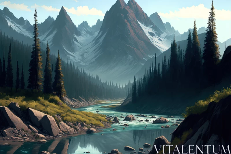 Ancient Forested Mountain Valley with River Pond - Digital Painting AI Image