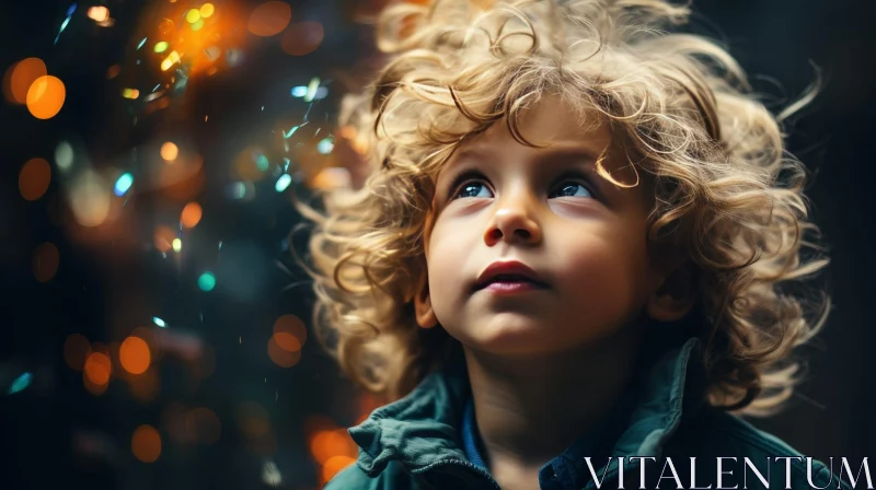 Curly Haired Boy Portrait with Wonder and Curiosity AI Image