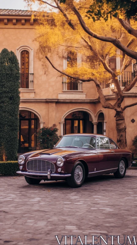 Vintage Burgundy Car Next to Fancy Building - Opulent Phoenician Art AI Image