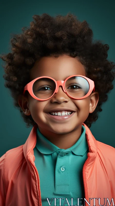 Cheerful Young Boy Portrait in Pink Glasses AI Image