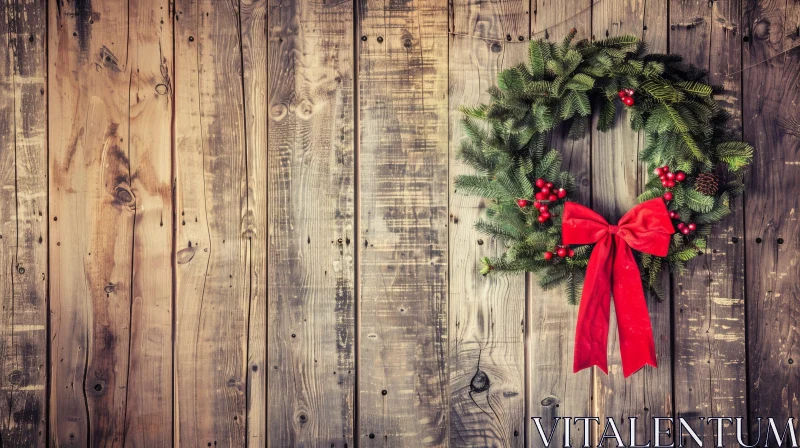 AI ART Christmas Wreath on Wooden Door - Festive Holiday Decor