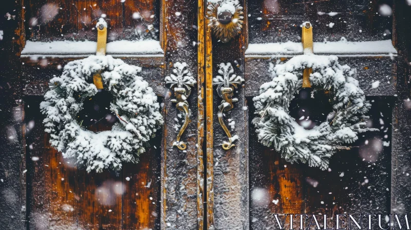 Christmas Wreaths on Wooden Door - Festive Holiday Decor AI Image