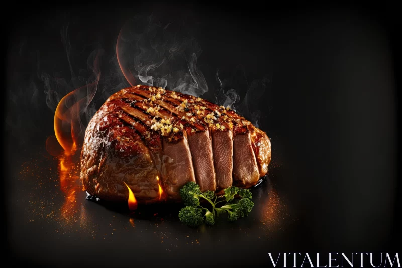 Grilled Steak Artwork on Black Background | Energetic and Bold Composition AI Image