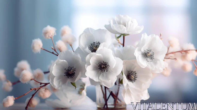 White Anemone Flowers Bouquet in Glass Vase AI Image