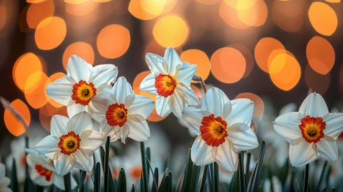 White Daffodils in Bloom Against Orange Bokeh Lights