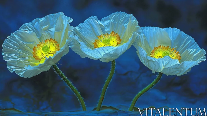 White Poppy Flowers on Dark Blue Background AI Image