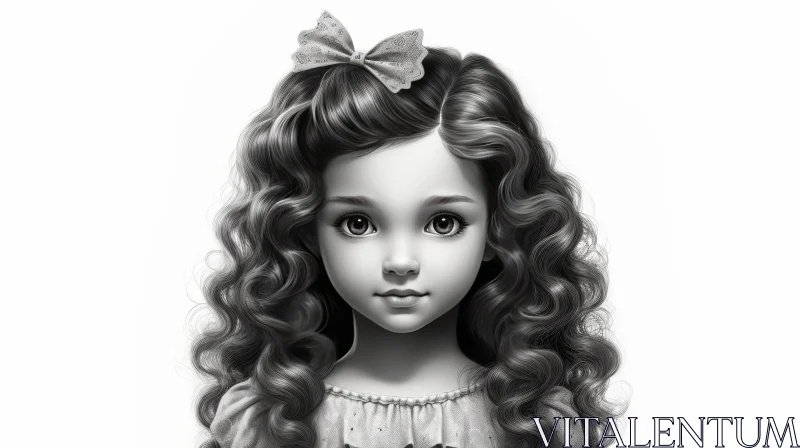 AI ART Adorable Black and White Portrait of a Girl with Wavy Hair