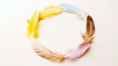 Colorful Feather Circle on Beige Background