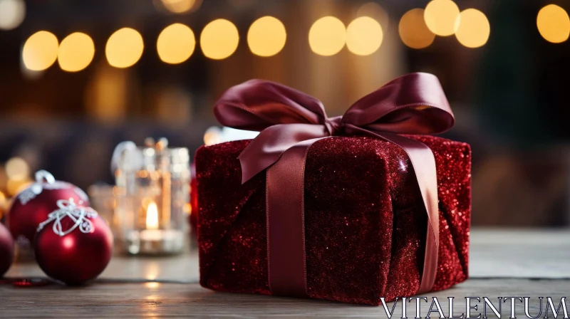 Festive Red Gift Box on Wooden Table AI Image