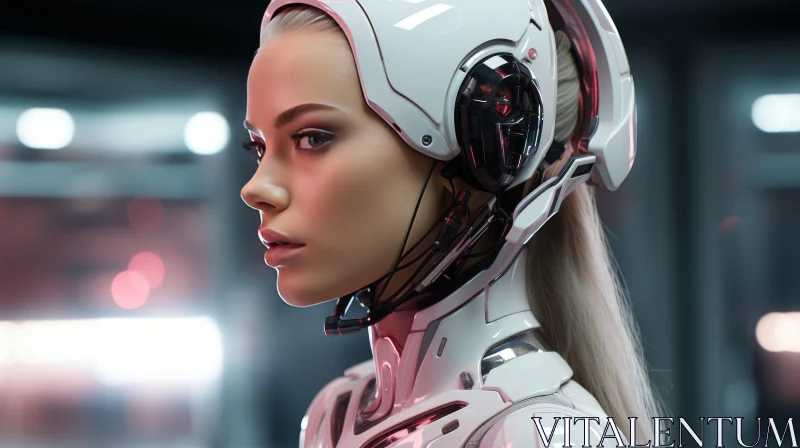 Futuristic Woman in Armor - Determined Blonde in Red & White Lights AI Image