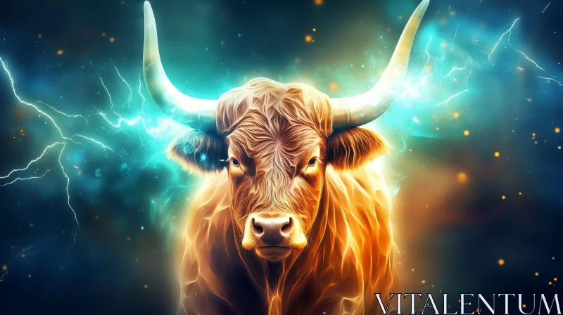 Majestic Bull in Field under Dark Sky with Lightning AI Image