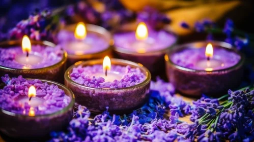 Purple Candles and Lavender Flowers on Wooden Surface