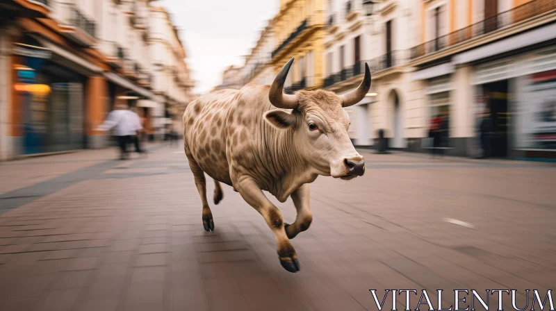 Angry Bull Running Down City Street AI Image