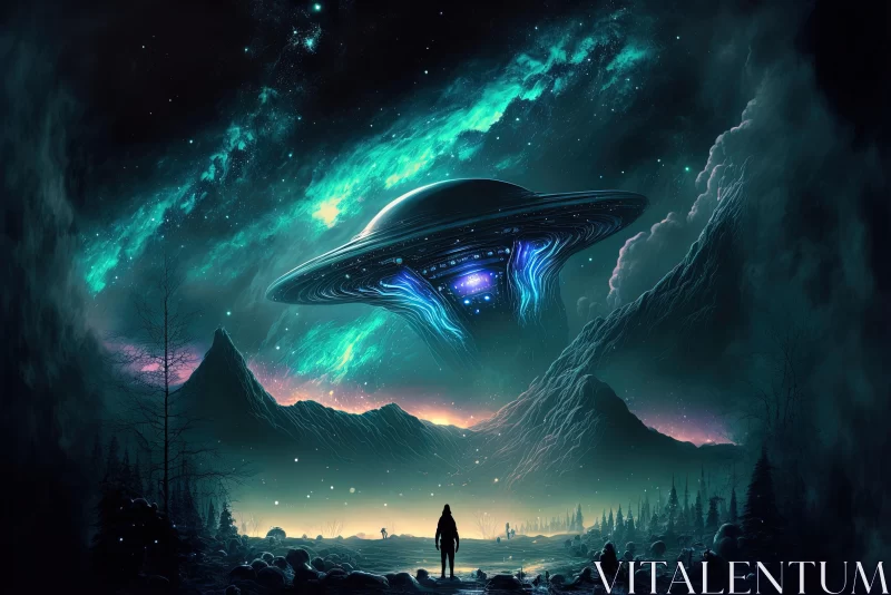 Captivating Encounter: Man and UFO in Stunning Cybernetic Sci-Fi Art AI Image