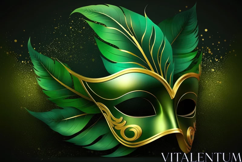 Green Carnival Mask with Golden Foliage - Hyperrealistic Illustration AI Image